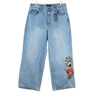 NWT Ed Hardy Women Loose Fit Wide Leg Blue Jean Sz 32 Embroidery Heart High Rise